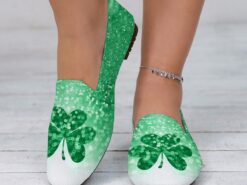 Women's Breathable Gradient Green Slip-On Flats with Clover Printed Design Perfect for Celebrate St. Patrick's Day 2025 - TheIslandCowGirl