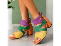 Women's Multicolor Faux Suede Block Heel Sandals with Cut-Out Design and Back Zipper - Bold Retro Style for Summer Parties and Casual Wear 2025 - TheIslandCowGirl