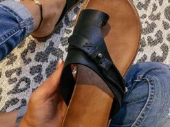 Women's Black Faux Leather Slip-On Sandals – Casual Summer Sandals with Cross-Strap Design for Comfort and Style 2025 - TheIslandCowGirl