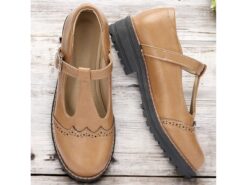 Women's Tan Faux Leather T-Strap Mary Jane Shoes with Brogue Detailing, Rugged Sole for Comfortable Daily Wear and Vintage Style Outfits 2025 - TheIslandCowGirl