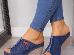 Women's Denim Wedge Sandals – Open-Toe Design with Frayed Hem and Pocket Detail, Casual Slip-On Mules for Everyday Wear 2025 - TheIslandCowGirl