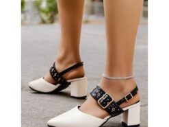 Women's Beige Pointed-Toe Block Heel Sandals with Studded Buckle Straps – Stylish and Comfortable for Work, Parties and Casual Wear 2025 - TheIslandCowGirl