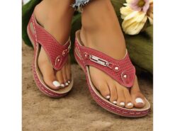 Women's Red Perforated Flip-Flop Sandals with Rhinestone Decoration Comfortable Summer Shoes for Casual Wear and Beach Outings 2025 - TheIslandCowGirl
