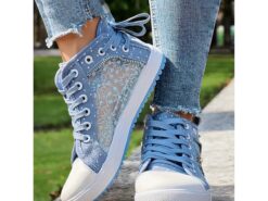 Women's Blue Lace-Up High-Top Canvas Sneakers with Embroidered Mesh Panels, Polka Dot Design for Casual and Outdoor Wear 2025 - TheIslandCowGirl