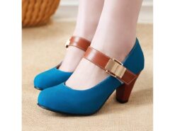 Women's Blue Faux Suede Mary Jane Pumps with Brown Strap – Vintage Chunky Heel Dress Shoes for Office and Formal Events 2025 - TheIslandCowGirl