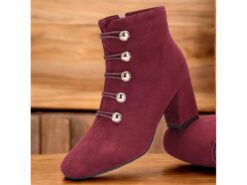 Women's Burgundy Ankle Boots – Suede Block Heel with Gold Button Embellishments, Lace-Up Design, Perfect for Autumn and Winter Outfits 2025 - TheIslandCowGirl