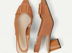 Women's Heels Plus Size Flyknit Shoes Wedding Outdoor Office Striped Buckle Block Heel Pointed Toe Fashion Classic Comfort Walking Knit Loafer Almond - TheIslandCowGirl