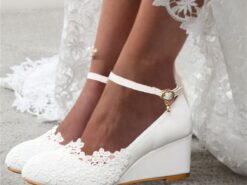 Women's White Lace Wedge Wedding Shoes – Elegant Floral Embroidery with Ankle Strap for Brides and Special Occasions 2025 - TheIslandCowGirl