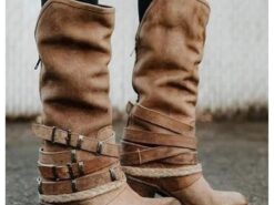 Women's Brown Faux Leather Mid-Calf Boots – Buckled Straps & Rustic Rope Detailing, Vintage Style Western Boots for Casual & Outdoor Wear 2025 - TheIslandCowGirl