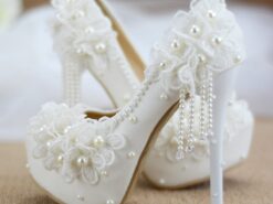 Women's White Wedding Platform Heels with Lace Floral Appliqué and Pearl Bead Details – Elegant Bridal Shoes for Special Occasions 2025 - TheIslandCowGirl