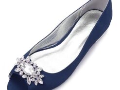 Women's Navy Blue Peep-Toe Flats with Rhinestone Embellishments – Elegant Satin Shoes for Weddings, Parties, and Formal Events 2025 - TheIslandCowGirl