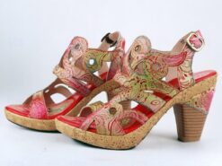 Women's Heels Sandals Handmade Shoes Vintage Shoes Party Daily Beach Floral Cone Heel Fantasy Heel Elegant Bohemia Vintage Leather Buckle Red Blue Bro - TheIslandCowGirl