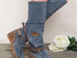 Women's Suede Knee-High Boots with Wedge Heel and Buckle Strap - Bohemian Style Casual Boots in Denim Blue 2025 - TheIslandCowGirl