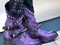 Women's Purple Studded Ankle Boots with Side Zipper and Buckle Straps, Punk Rock Style Footwear for Bold Fashion Statements 2025 - TheIslandCowGirl