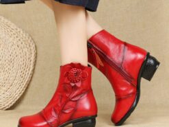 Women's Boots Ladies Shoes Valentines Gifts Party Valentine's Day Daily Solid Colored Booties Ankle Boots Flower Chunky Heel Round Toe Elegant Vintage - TheIslandCowGirl