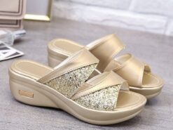 Women's Glitter Wedge Sandals - Gold Slip-On Platform Shoes with Comfortable Sole for Casual and Party Wear 2025 - TheIslandCowGirl