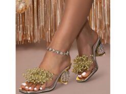 Gold Crystal Beaded Clear Heels for Women – Transparent Slide-On Sandals with Decorative Gold Accents, Perfect for Cocktail Parties 2025 - TheIslandCowGirl