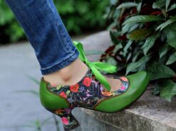 Women's Green Leather Mary Jane Heels with Floral Print, Ribbon Ties, and Retro Style - Perfect for Vintage-Themed Events and Daily Elegance 2025 - TheIslandCowGirl