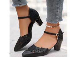 Women's Black Floral Cut-Out Chunky Heel Pumps with Ankle Strap - Elegant Dress Shoes for Work, Weddings and Parties 2025 - TheIslandCowGirl