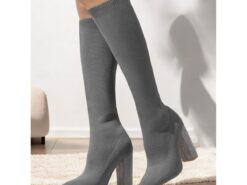 Women's Stretchy Knit Knee-High Boots with Chunky Heels – Elegant Green Fashion Boots for Fall/Winter 2025 - TheIslandCowGirl