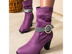 Women's Purple Faux Suede Ankle Boots with Glitter Strap and Gold Buckle, Stylish High Heel Booties for Parties and Evening Wear 2025 - TheIslandCowGirl