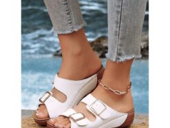 Women's Dark Blue Double Buckle Slip-On Sandals with Cushioned Sole, Casual Summer Shoes for Beach and Everyday Wear 2025 - TheIslandCowGirl