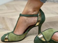 Women's Vintage Green & Gold Suede T-Strap Heels, Retro-Inspired Fashion Shoes for Special Occasions and Everyday Elegance 2025 - TheIslandCowGirl