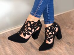 Women's Black Cutout Block Heel Pumps – Stylish Pointed Toe Shoes with Floral Design for Parties or Evening Wear 2025 - TheIslandCowGirl