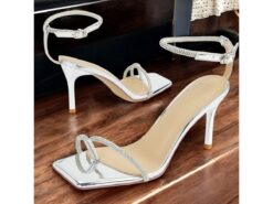 Silver Rhinestone Ankle Strap High Heel Sandals - Metallic Stiletto Party Heels for Women 2025 - TheIslandCowGirl