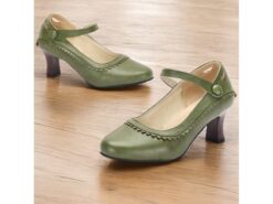 Women's Vintage Green Faux Leather Mary Jane Heels with Scalloped Edge and Button Detail - Comfortable Low Heels for Work, Formal Events and Retro St - TheIslandCowGirl