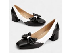 Women's Black and White Block Heel Pumps with Bow Detail – Vintage-Inspired Low-Heel Shoes for Office, Casual, and Dressy Occasions 2025 - TheIslandCowGirl