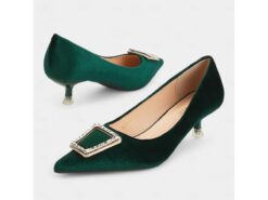 Women's Green Velvet Pointed Toe Kitten Heels with Rhinestone Buckle – Elegant Pumps for Formal Events and Parties 2025 - TheIslandCowGirl