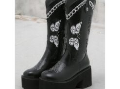 Women's Black Platform Western Cowboy Boots – Embroidered Butterfly Design with Chunky Heel and Side Zipper for Vintage and Modern Styling 2025 - TheIslandCowGirl