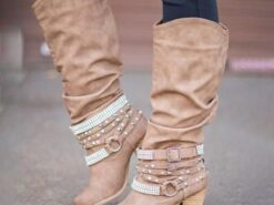 Women's Beige Slouchy Knee-High Boots with Buckle and Stud Accents, Vintage Western Style for Fall and Winter Casual Wear 2025 - TheIslandCowGirl
