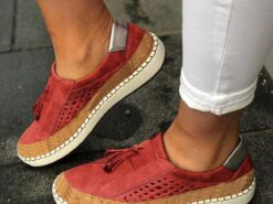 Women's Casual Red Tassel Slip-On Sneakers with Breathable Mesh and Cork Detail for Everyday Comfort 2025 - TheIslandCowGirl