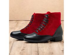 Women's Victorian Red and Black Lace-Up Ankle Boots with Suede and Leather Contrast - Vintage-Inspired Flat Heel Shoes for Cosplay and Formal Events 2 - TheIslandCowGirl