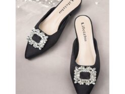 Women's Black Satin Pointed-Toe Mules with Rhinestone Buckle - Elegant Slip-On Flats for Evening and Formal Occasions 2025 - TheIslandCowGirl