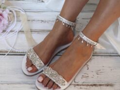 Women's Wedding Shoes Bridal Bridesmaid Flat Sandals Elegant Minimalism Solid Color Bling Sparkling Rhinestone Flat Heel Open Toe Faux Leather Ankle S - TheIslandCowGirl