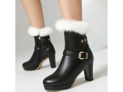 Women's Black Platform Ankle Boots with Faux Fur Cuff, Buckle Detail, and High Block Heels - Stylish Winter Footwear for Parties and Casual Wear 2025 - TheIslandCowGirl