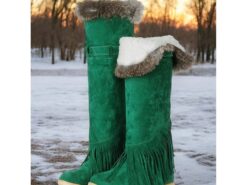 Women's Green Suede Moccasin Winter Boots with Fur Lining and Fringe Detail – Cozy Knee-High Snow Boots for Cold Weather 2025 - TheIslandCowGirl