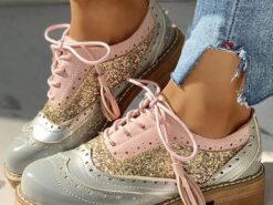 Women's Pink and Gray Glitter Wingtip Oxford Shoes with Chunky Sole - Stylish Lace-Up Brogues for Casual and Statement Outfits 2025 - TheIslandCowGirl