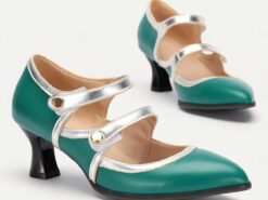 Women's Vintage Mary Jane Heels - Elegant Green and Silver Mid-Heel Dress Shoes with Double Straps for Oktoberfest, Parties and Formal Events 2025 - TheIslandCowGirl