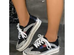 Women's Glitter-Accented Black Lace-Up Sneakers – Rhinestone Embellished, Colorful Casual Athletic Shoes for Fashionable Everyday Wear 2025 - TheIslandCowGirl