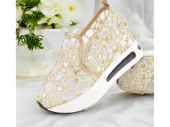 Gold Sequined Mesh Slip-On Sneakers with Air Cushion Sole - Women's Comfortable Wedding or Party Shoes 2025 - TheIslandCowGirl