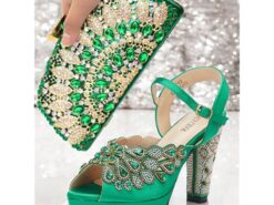 Women's Luxurious Green Rhinestone-Embellished Heeled Sandals with Matching Clutch, Perfect for Weddings and Special Occasions 2025 - TheIslandCowGirl