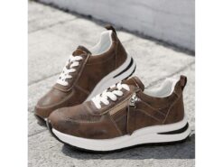 Women's Brown Faux Leather Casual Sneakers with Side Zipper – Comfortable Lace-Up Shoes for Everyday and Outdoor Wear 2025 - TheIslandCowGirl