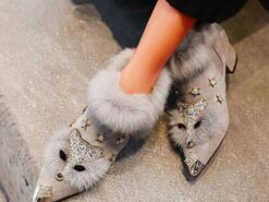 Women's Grey Fur-Trimmed Pointed-Toe Ankle Boots – Rhinestone Fox and Star Embellishments with Chunky Heels 2025 - TheIslandCowGirl