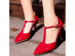 Women's Elegant Red Patent Leather T-Strap Pointed Toe Stiletto Heels - Ideal for Weddings and Special Occasions 2025 - TheIslandCowGirl