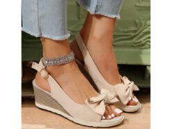 Women's Beige Wedge Sandals with Bow Accent, Open-Toe Design, Comfortable Slingback Style for Casual Summer Outings and Beachwear 2025 - TheIslandCowGirl
