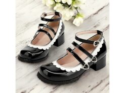Women's Black and White Scalloped Mary Jane Block Heels – Patent Faux Leather Lolita Platform Shoes with Heart Buckles for Vintage or Cosplay Outfits - TheIslandCowGirl